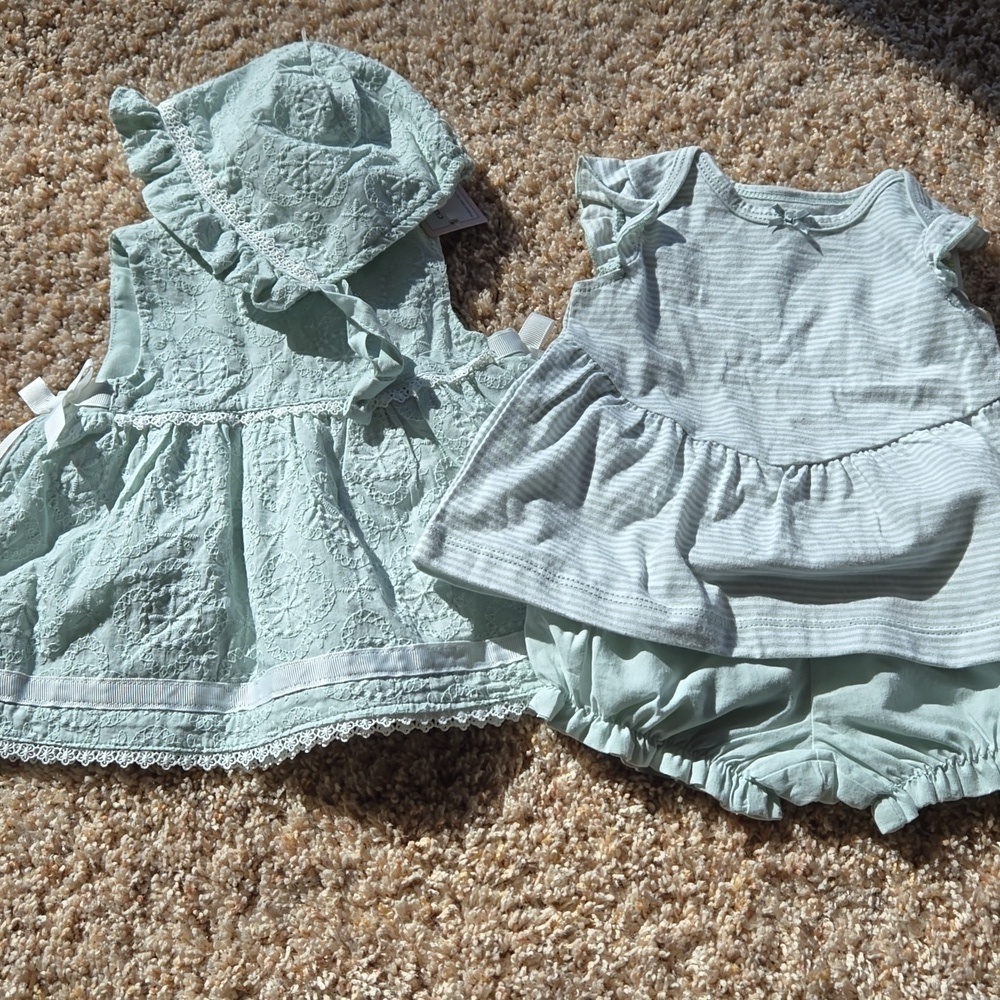 4 piece lot, 2 dresses a bonnet and shorts, mint green, nwt 3-6 months